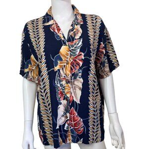 Hilo Hattie Hawaiian Shirt Womens M Navy Tropical Button-Up 90s USA Vintage
